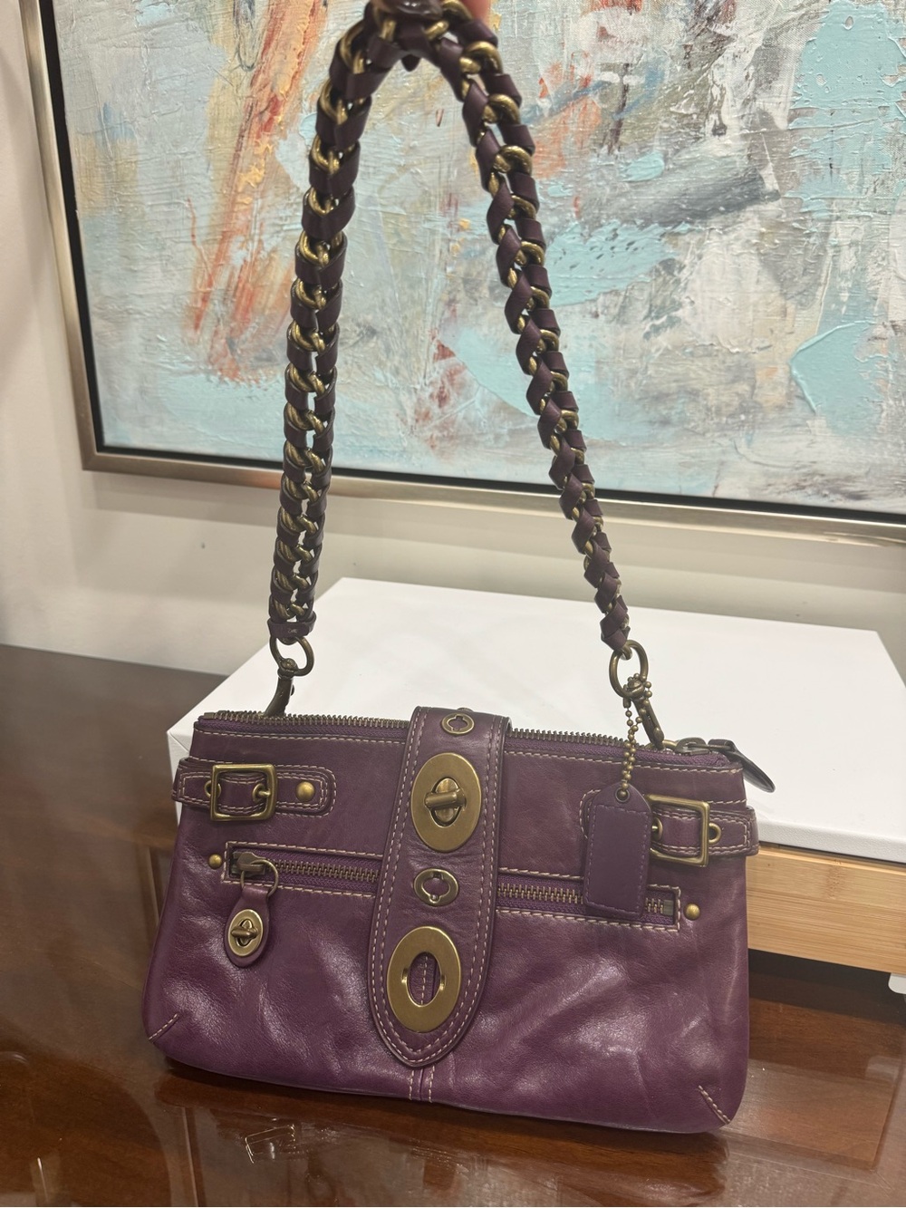 Coach Legacy Purple Leather Shoulder Bag with Brass Hardware